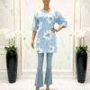 Blue Floral Print Crushed Fabric Short Kurti & Top on mannequin