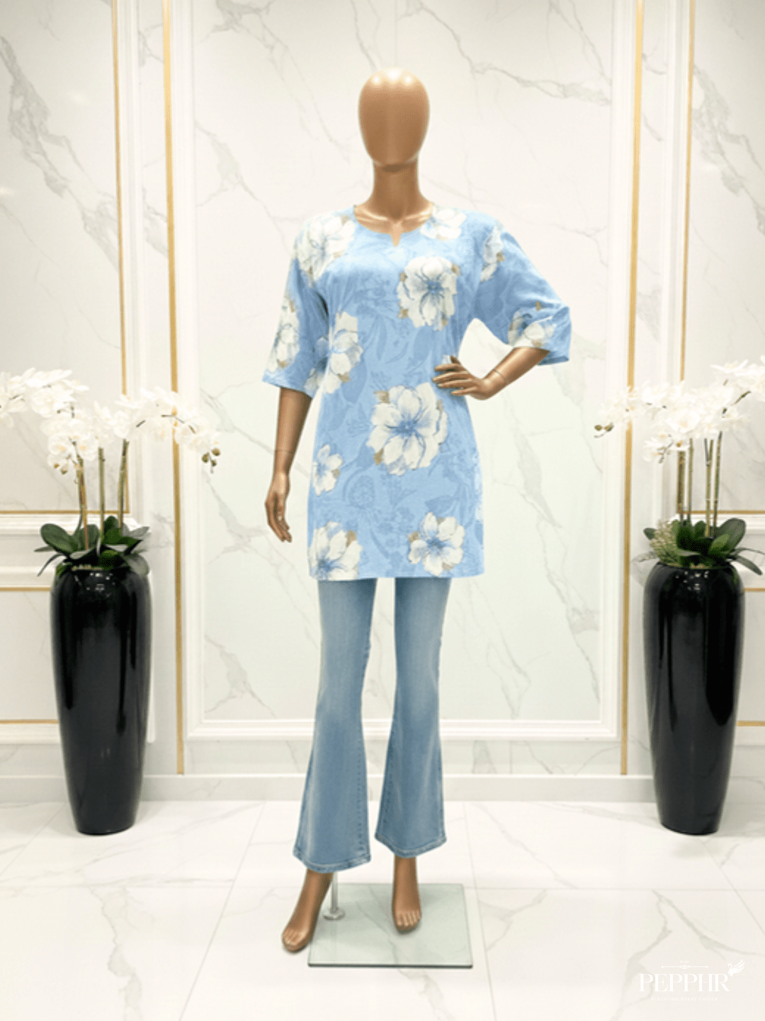 Blue Floral Print Crushed Fabric Short Kurti & Top on mannequin