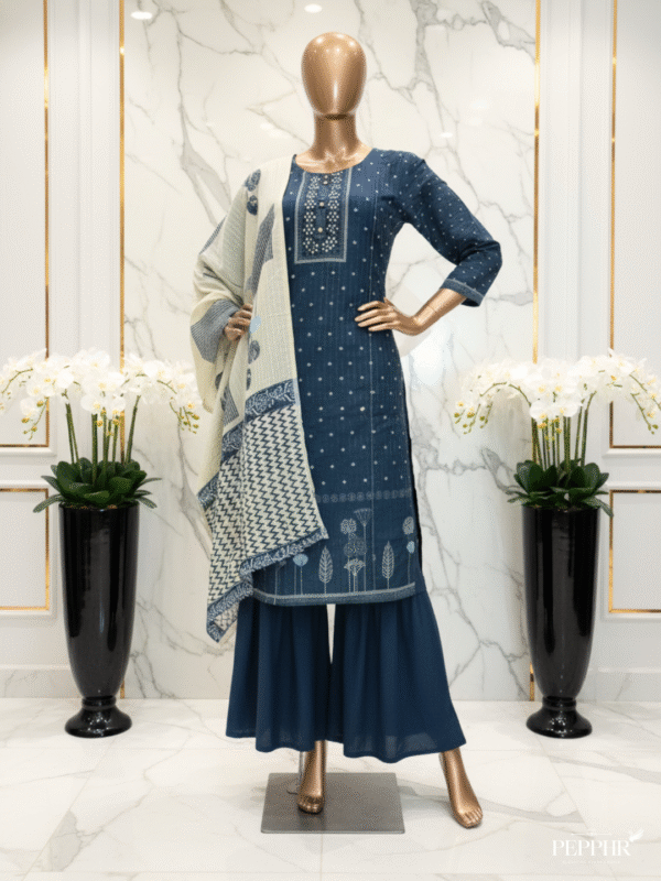 Aarvika Noor Midnight Blue Embroidered Kurti with Printed Dupatta