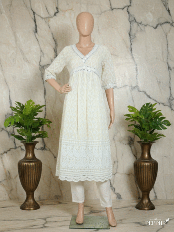 Alayna Off-White Chikankari Anarkali Gown Kurti with Faux Mirror & Sequin Work