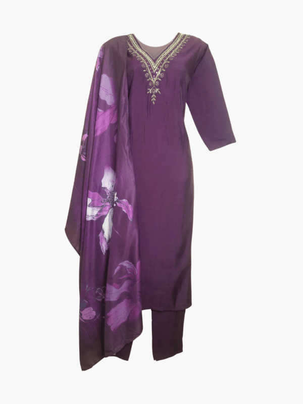Velvet Wine Silk Kurti Set with Printed Floral Dupatta