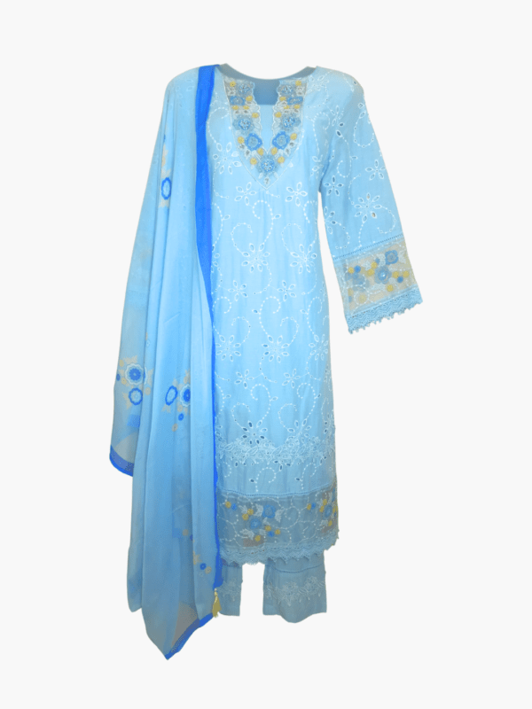 Blue Elixir Hakoba Cotton Kurti Set with Cotton Silk Dupatta