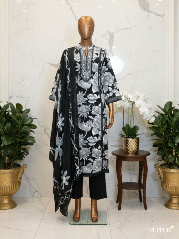 Noir Bloom Black Cotton Kurti Set with Dupatta