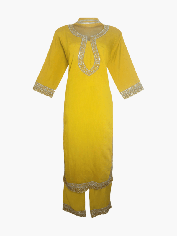 Mahira Noor Mustard Yellow Silk Embroidered Kurti Set with Organza Dupatta