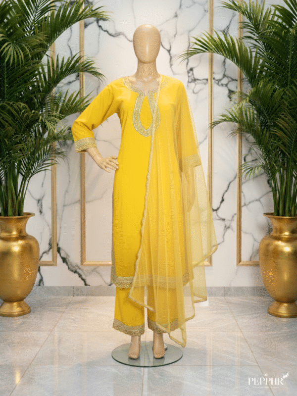 Mahira Noor Mustard Yellow Silk Embroidered Kurti Set with Organza Dupatta