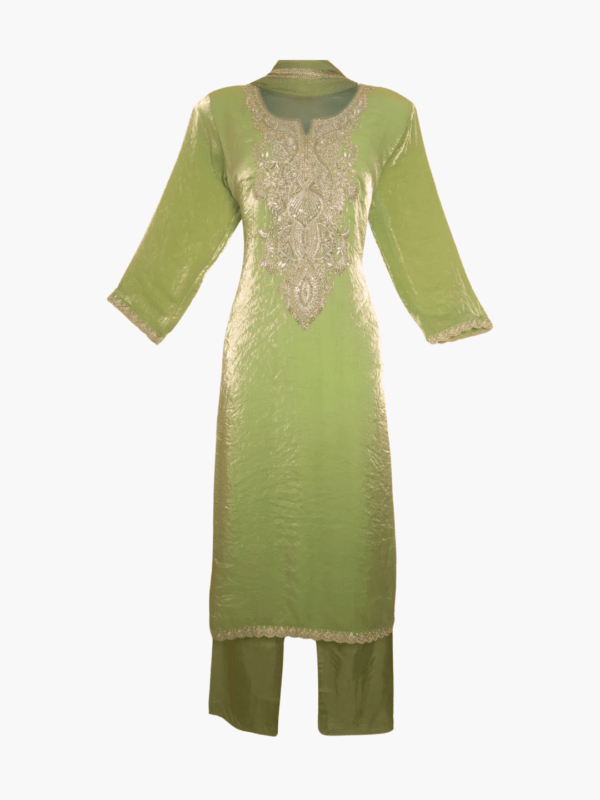 Suhayna Éclat Olive Green Embroidered Tissue Silk Kurti Set with Chiffon Dupatta