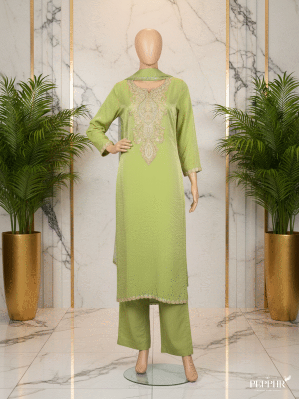 Suhayna Éclat Olive Green Embroidered Tissue Silk Kurti Set with Chiffon Dupatta