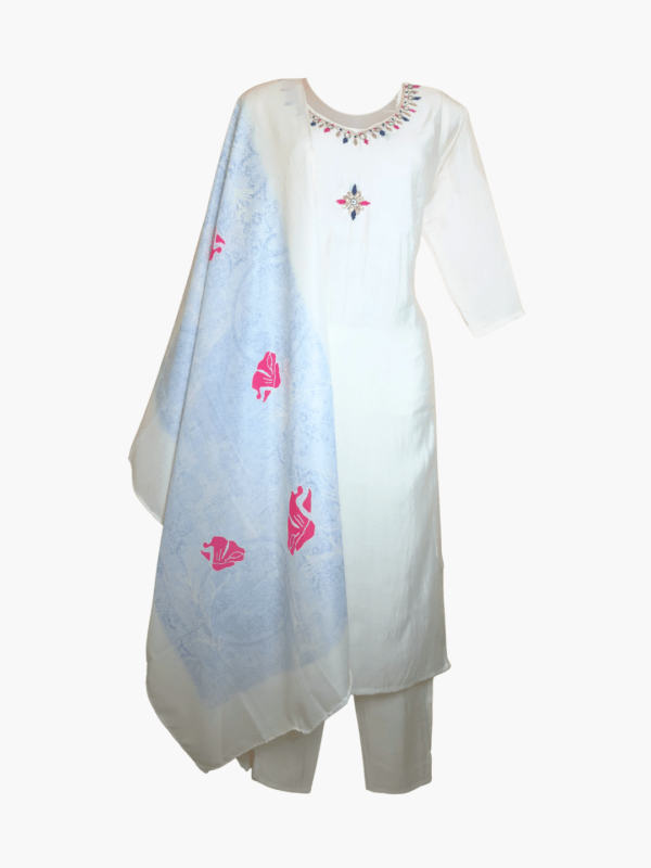 Ivory Radiance White Silk Kurti Set with Printed Blue Floral Dupatta