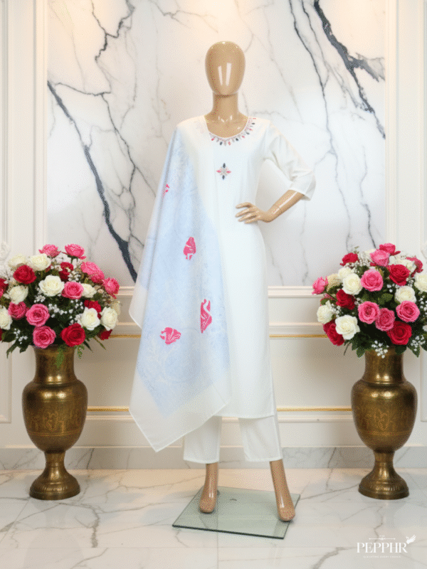 Ivory Radiance Hand-Embroidered White Silk Kurta Set with Printed Blue Floral Dupatta