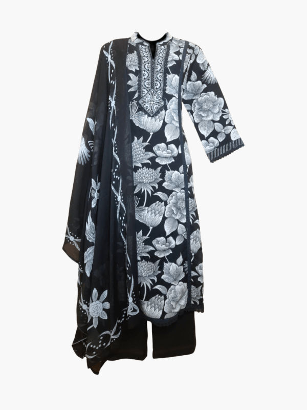 Noir Bloom Black Cotton Kurti Set with Dupatta