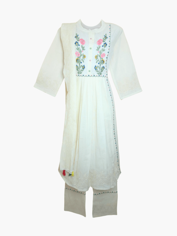 Eira Élan Off-White Embroidered Cotton Schiffli Kurti Set with Dupatta