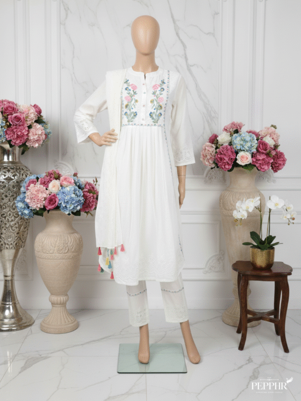 Eira Élan Off-White Embroidered Cotton Schiffli Kurti Set with Dupatta
