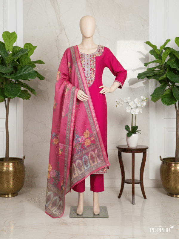 Nayab Raaz Rani Pink Embroidered Silk Kurti Set with Dupatta