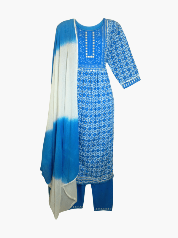 NeelPari Royal Blue Naira Cut Embroidered Rayon Slub Kurti Set with Mulmul Dupatta