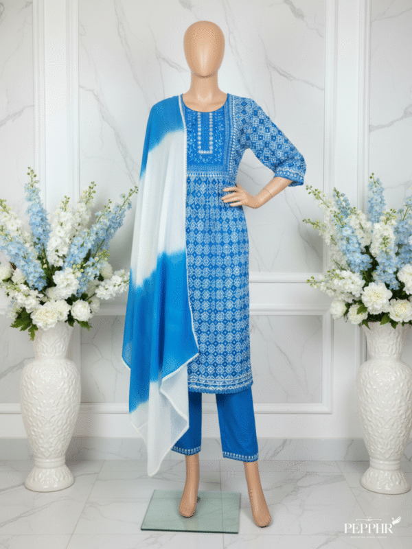 NeelPari Royal Blue Naira Cut Embroidered Rayon Slub Kurti Set with Mulmul Dupatta