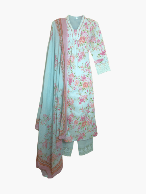 Aabroo Sea Green Cotton Hand-Embroidered Kurti Set with Dupatta