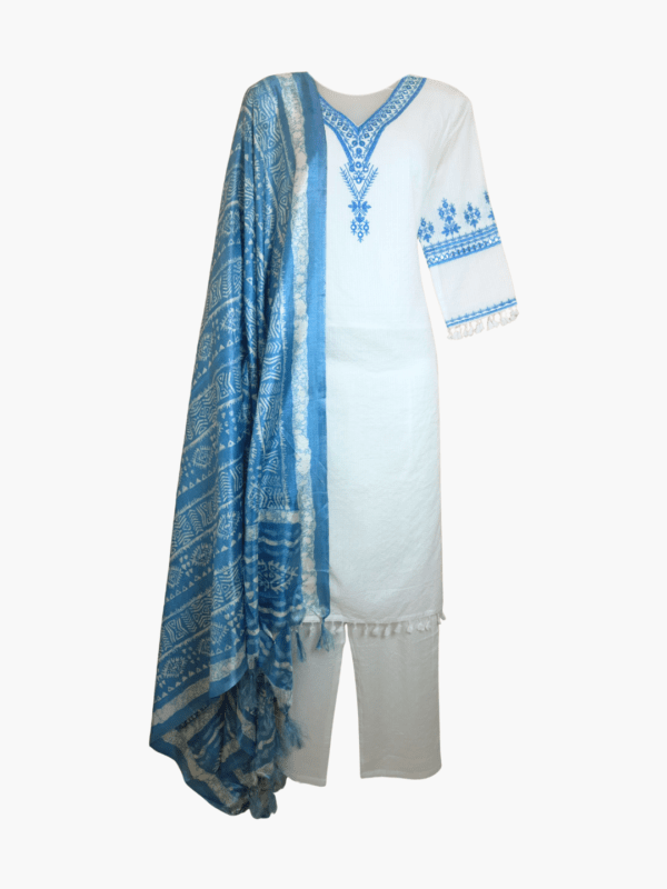 Safina Naaz White & Blue Cotton Straight Kurti Set with Silk Dupatta