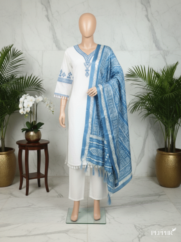 Safina Naaz White & Blue Cotton Straight Kurti Set with Silk Dupatta