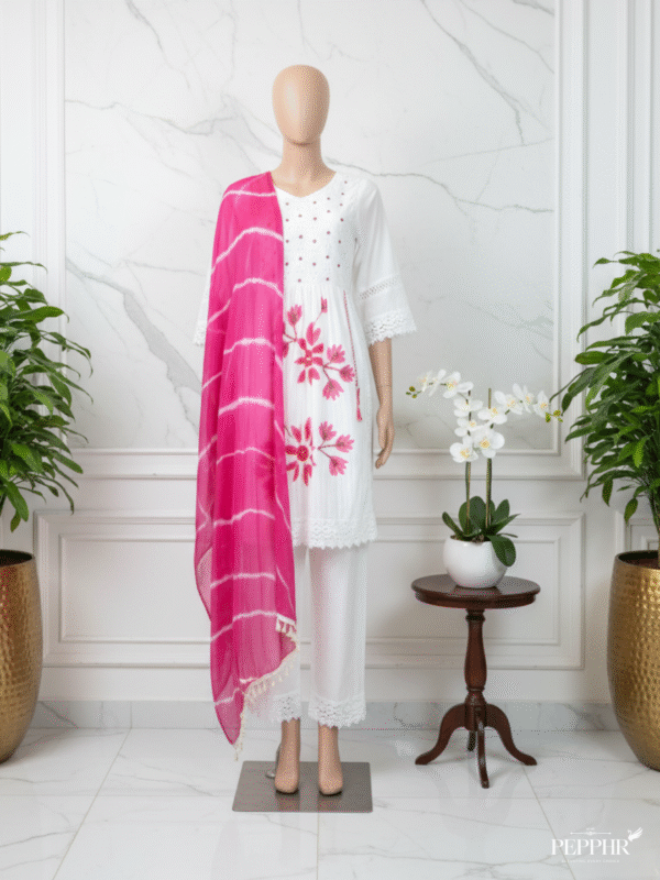 Zehra Noor White & Pink Hand-Embroidered Mul Cotton A-Line Kurti Set with Dupatta