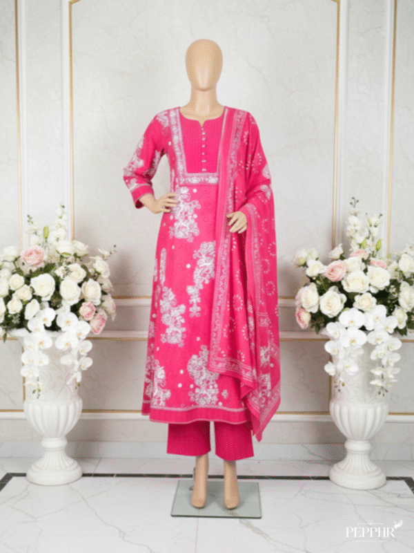 Ruhani Shehraz Rani Pink Cotton Embroidered Anarkali Kurta Set with Dupatta
