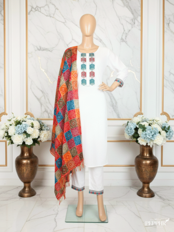 Bandhani Noor White Hakoba Schiffli Mul Cotton Chikankari Kurta Set with Silk Bandhani Dupatta