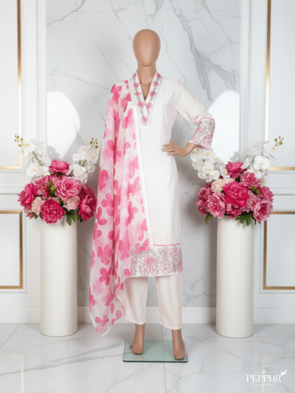 Gulbanoor Baby Pink Embroidered Silk Kurta Set with Kota Doriya Dupatta