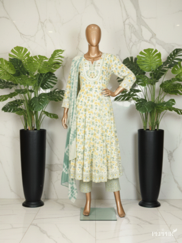 Zariah Noor Beige Yellow Hand Embroidered Cotton Anarkali Kurta Set with Dupatta