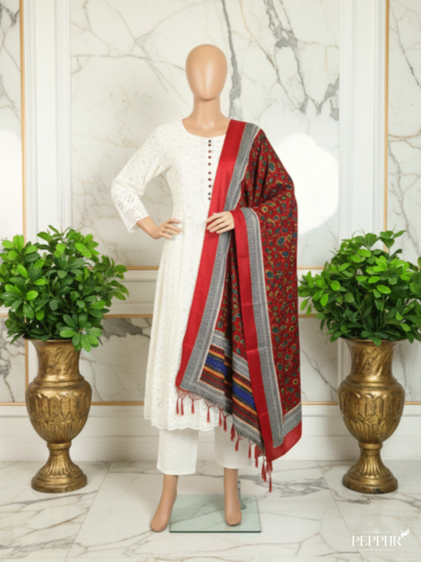 Sitara Jahan Off-White Cotton Anarkali Chikankari Kurta Set with Chanderi Silk Dupatta