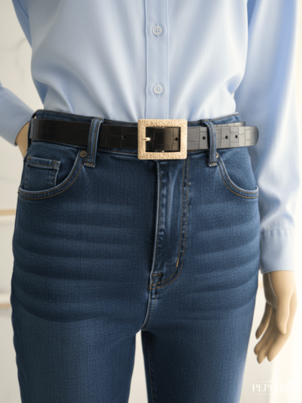 Aurex Black Leather Textured Belt with Gold-Tone Buckle