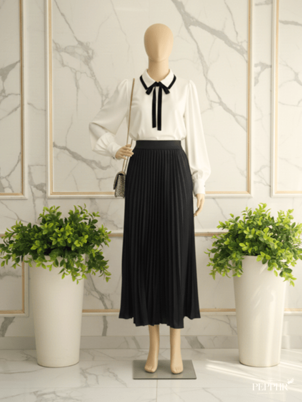 Elara Black Pleated Midi Long Skirt