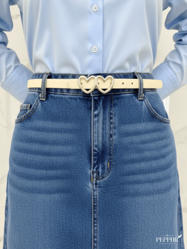 Amoura Off-White Leather Slim Belt with Gold Heart Buckle