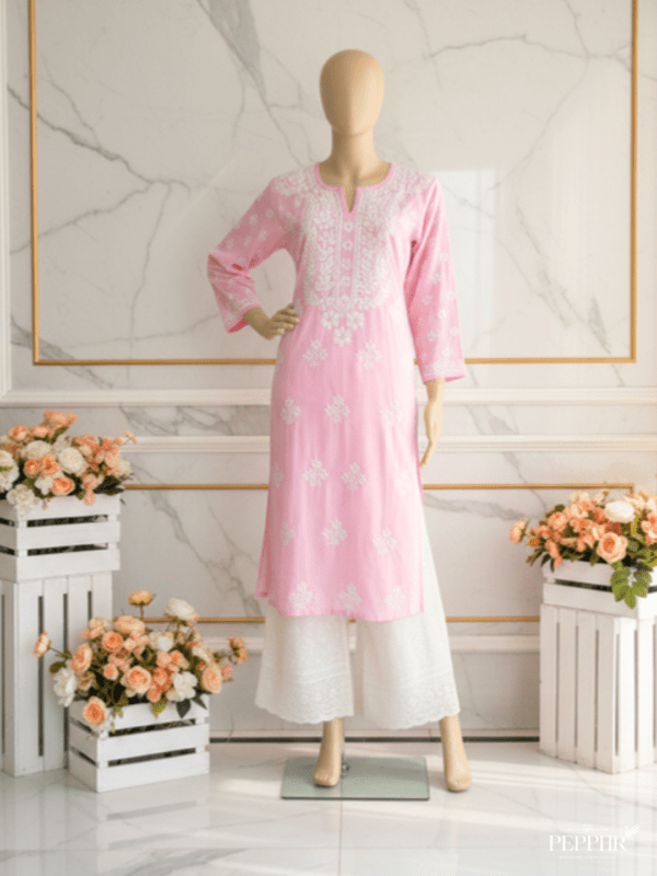 Inaya Hand-Embroidered Solid Cotton Chikankari Straight Long Kurta